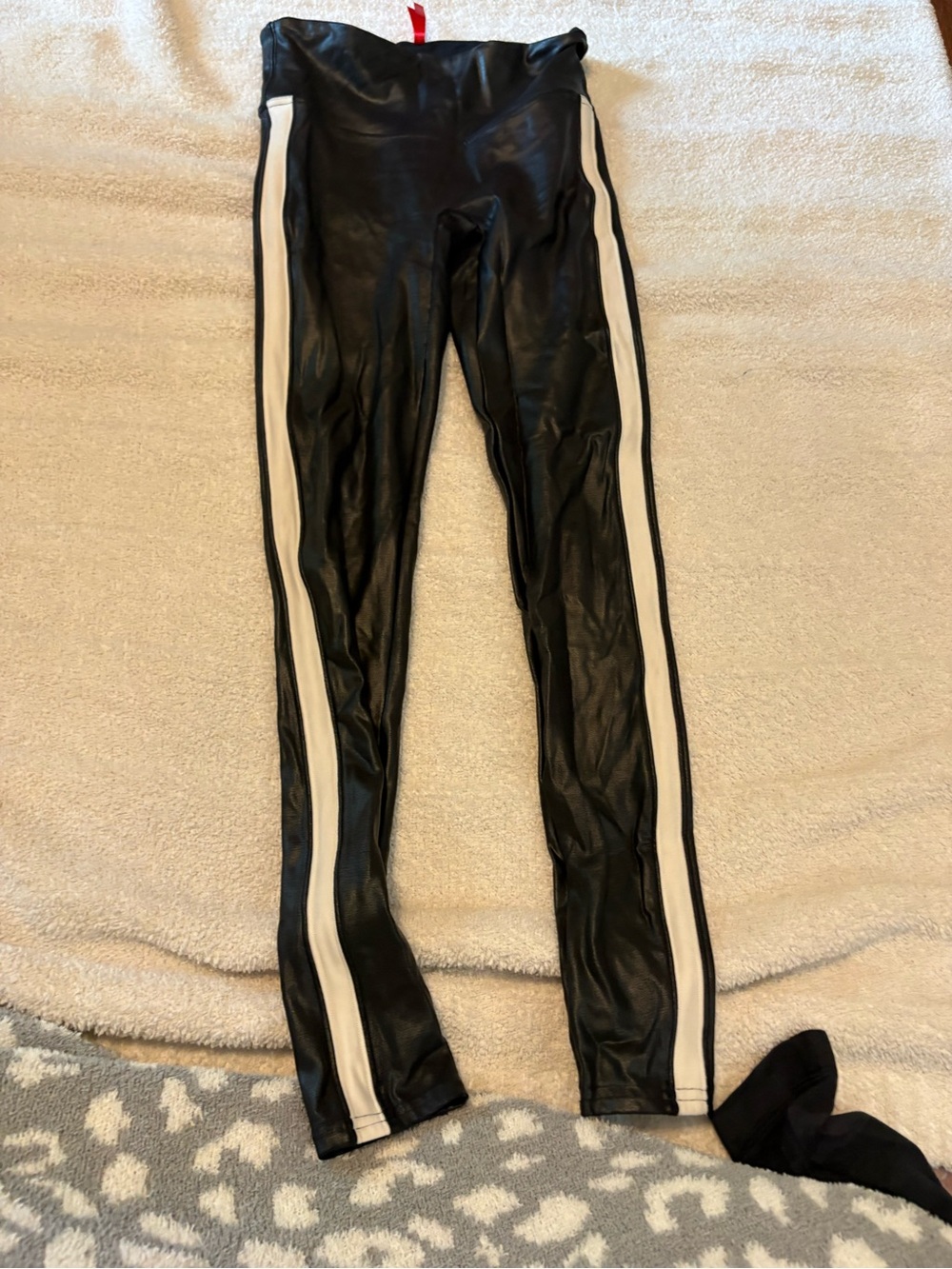 SPANX Black Faux Leather Leggings with White Side Stripes